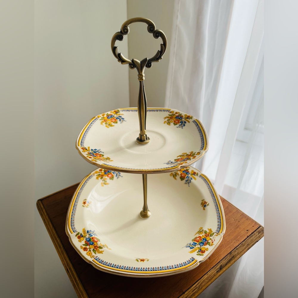 Two-Tier Cream and Gold Floral Serving Stand